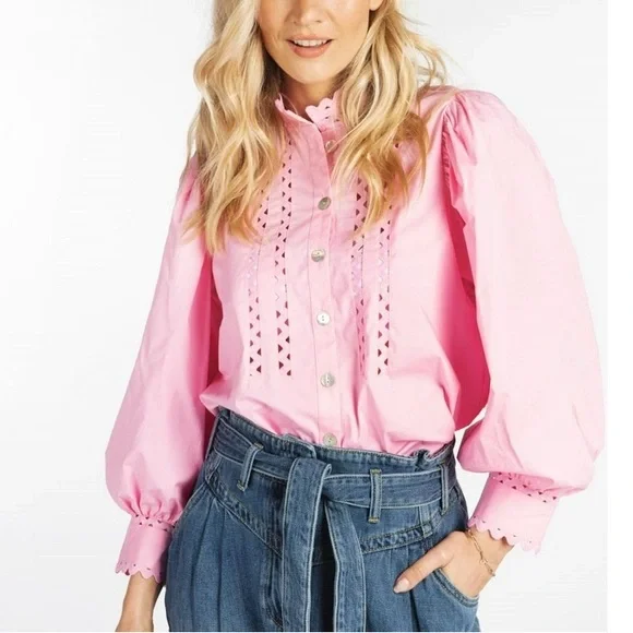 Esqualo puffed sleeve pink cotton poplin blouse - Picture 2 of 11